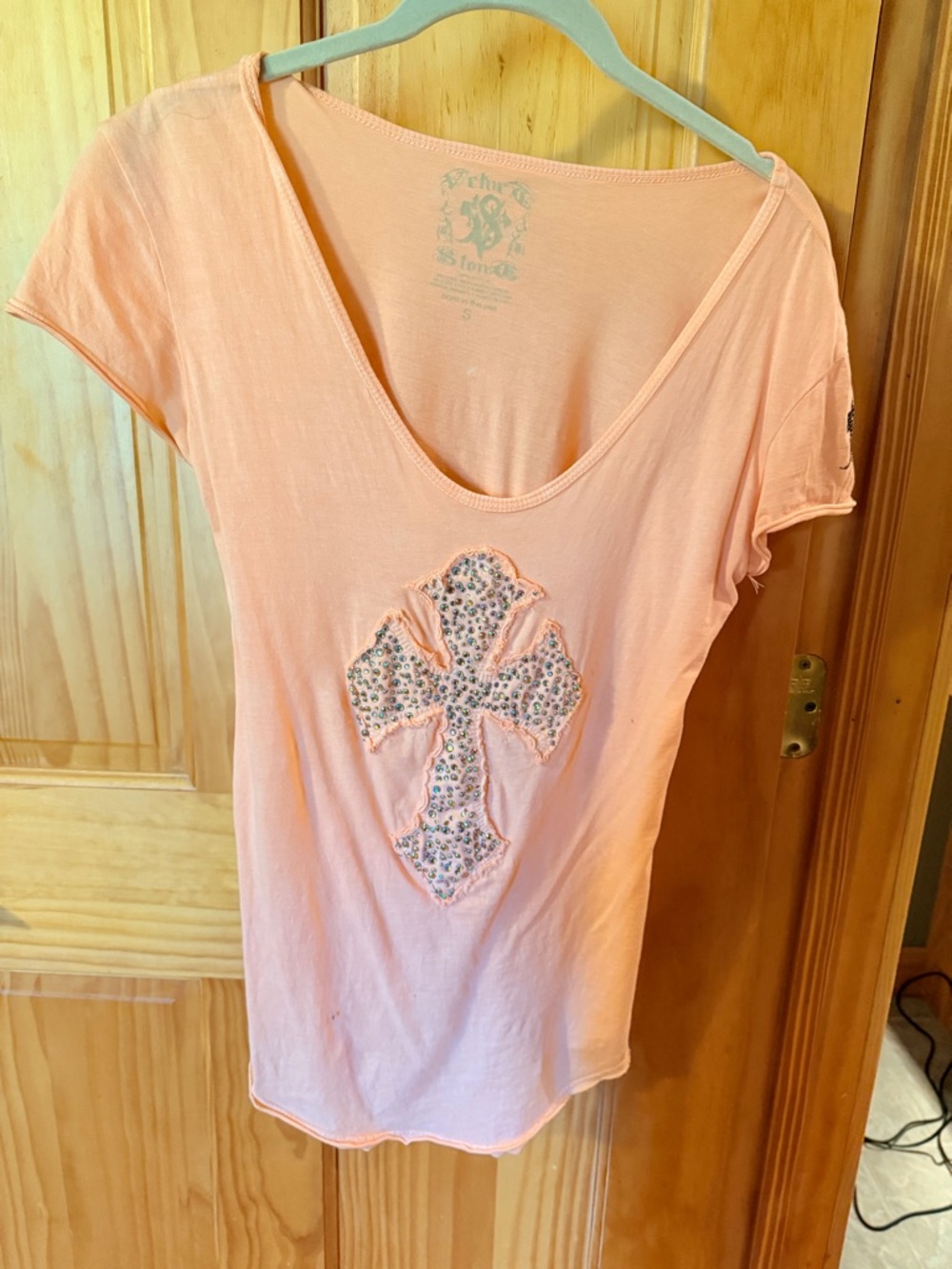 Peach Short-Sleeve Scoop Neck Tee with Embellished Cross